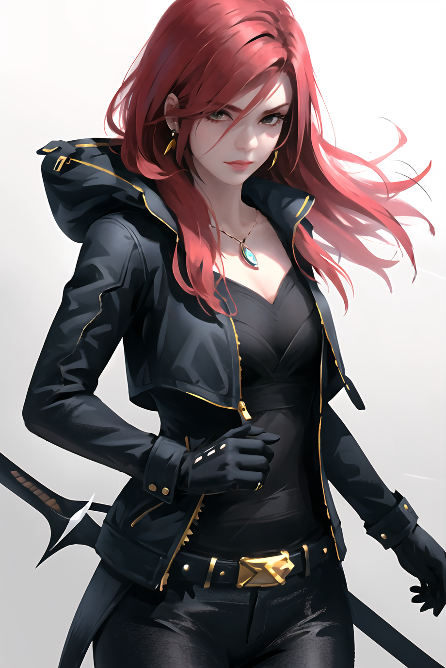 wlop, 1girl, black gloves, black jacket, character request, commentary, earrings, ghostblade, gloves, hand up, jacket, jew...